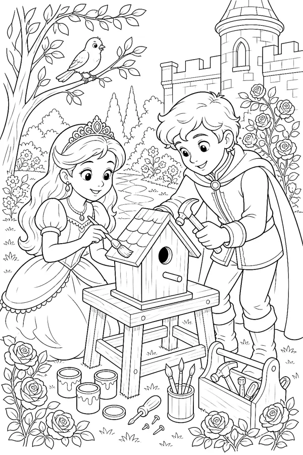 Prinzessin und Prinz bemalen ein Vogelhaus neben Rosenbeeten und Werkzeug.
