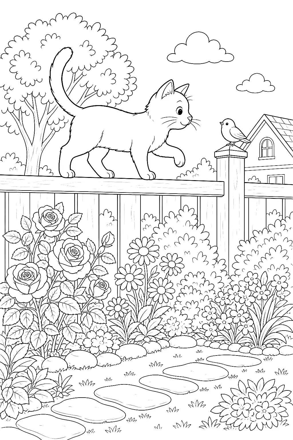 Katze balanciert auf blumenverziertem Zaun