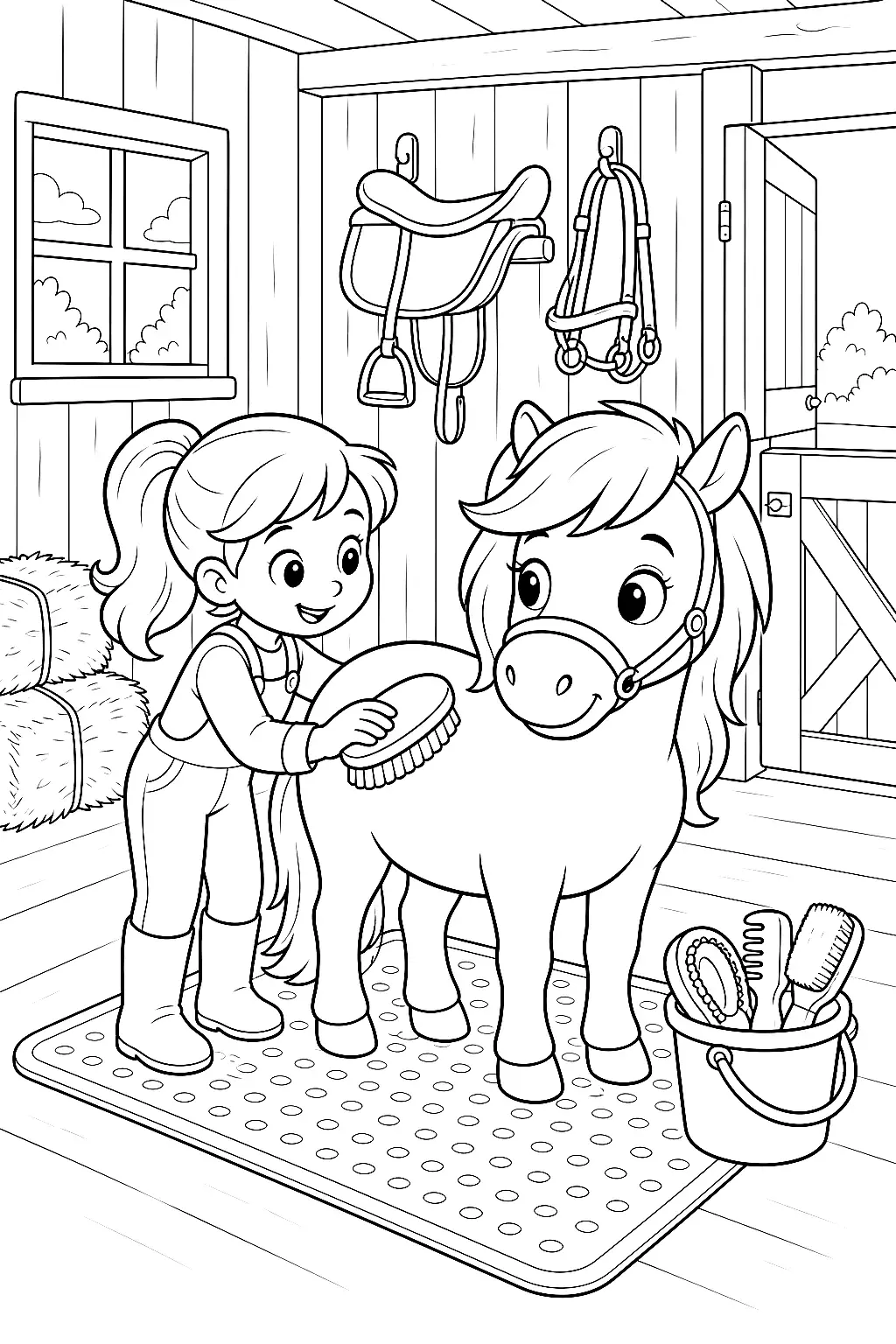 Kleines Mädchen bürstet Pony im Stall