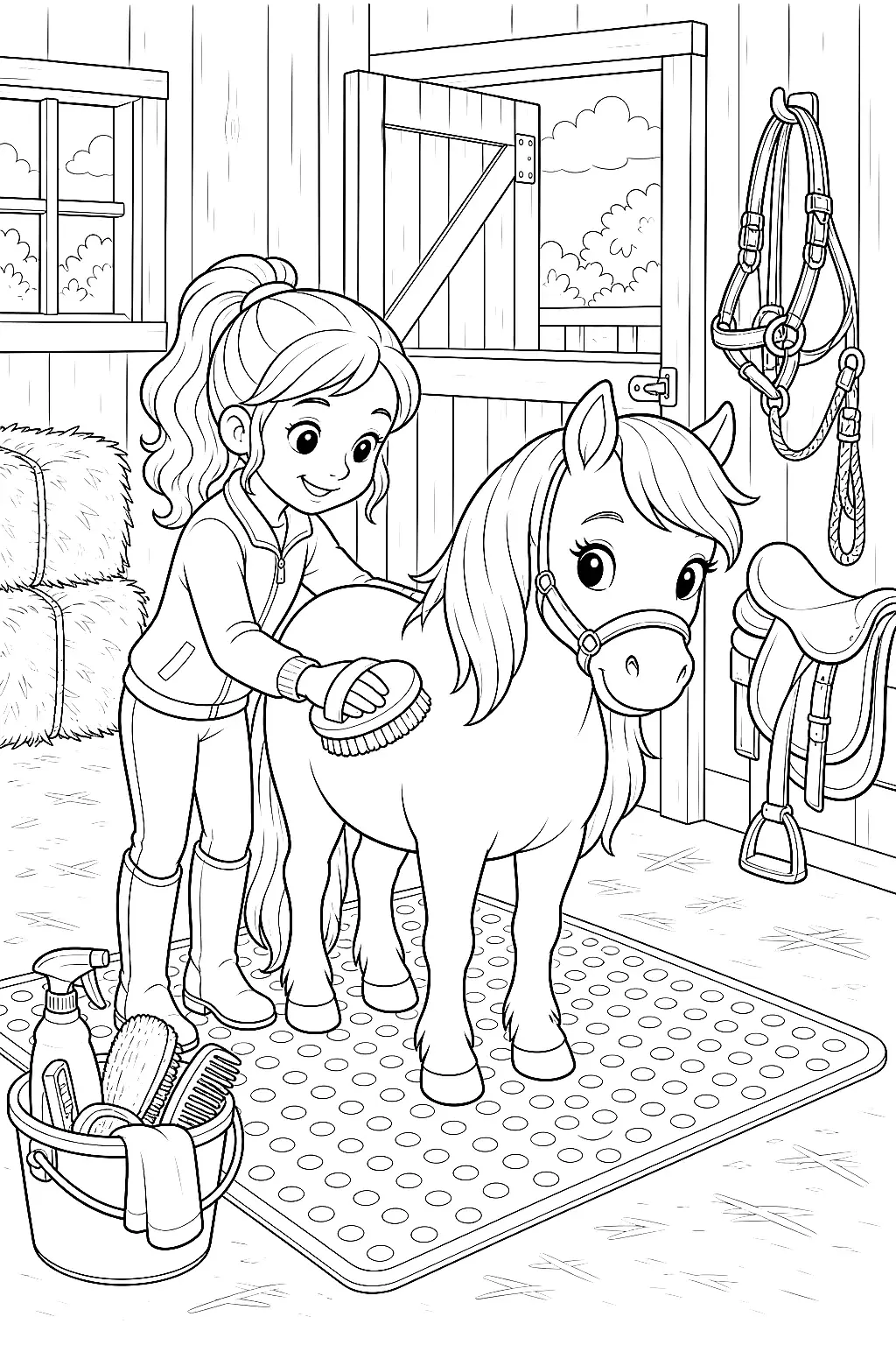 Mädchen putzt Pony neben Heuballen und Eimer