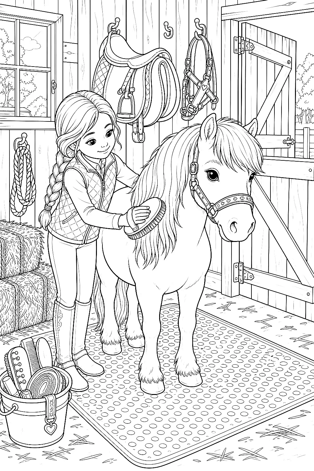 Mädchen pflegt Pony mit Bürste, Zopf und Hufe