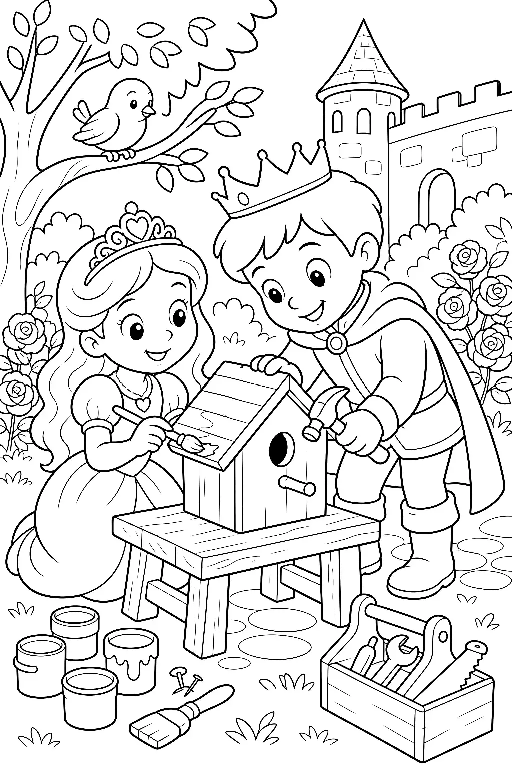 Prinzessin und Prinz bauen Vogelhaus