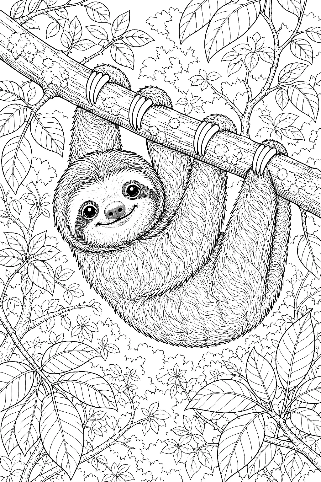 Faultierbaby zwischen Zweigen und Blättern lächelnd