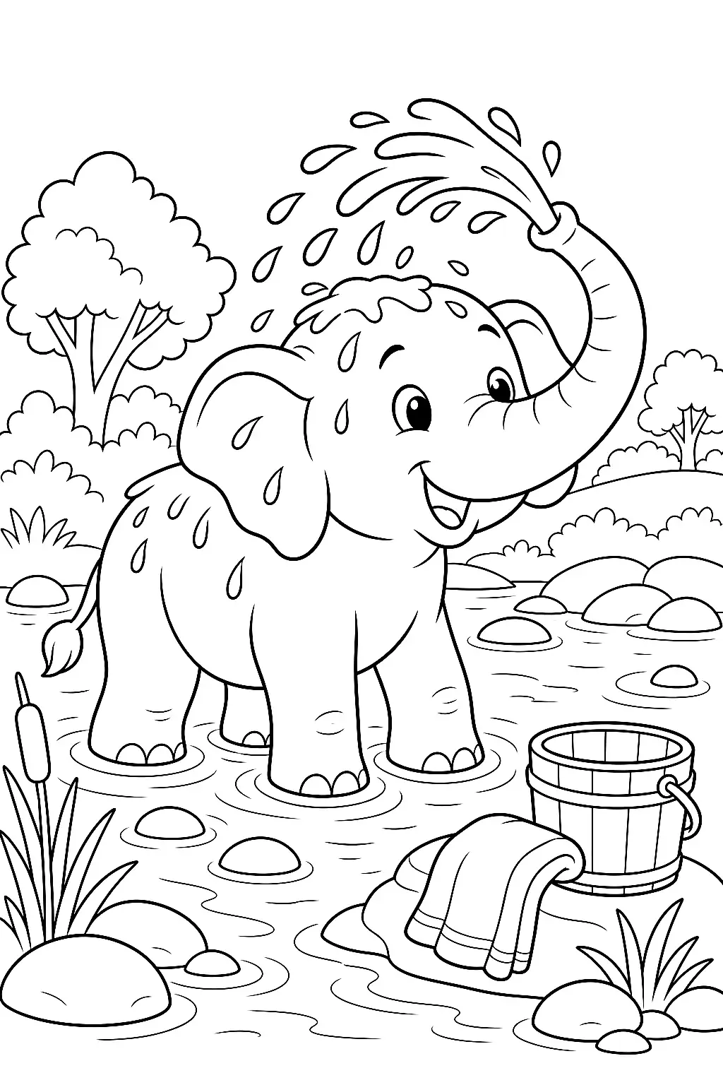 Großer Elefant duscht sich am Fluss