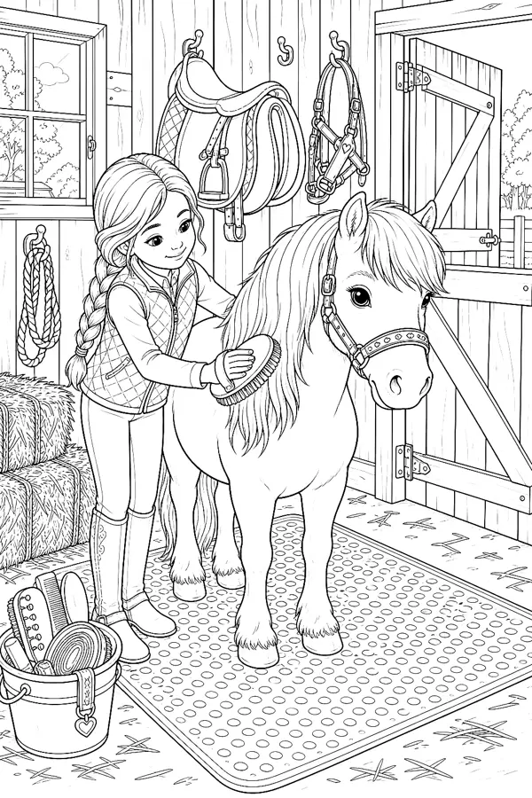Mädchen pflegt Pony mit Bürste, Zopf und sichtbaren Hufen.