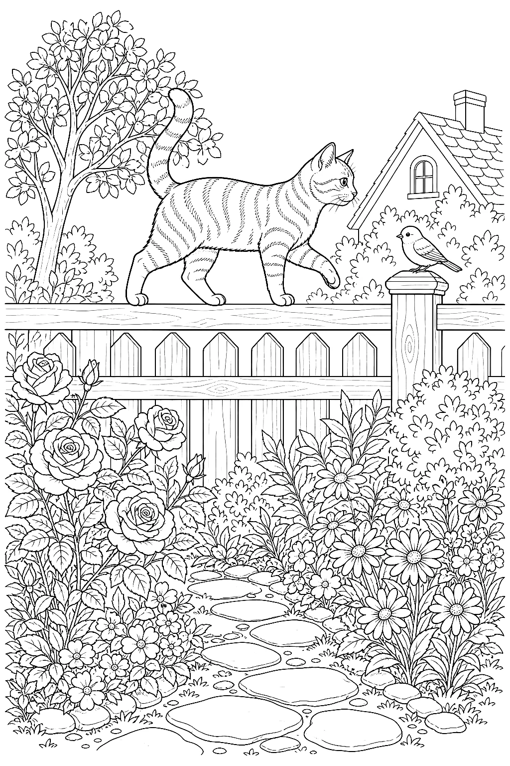 Katze balanciert auf reich verziertem Gartenzaun
