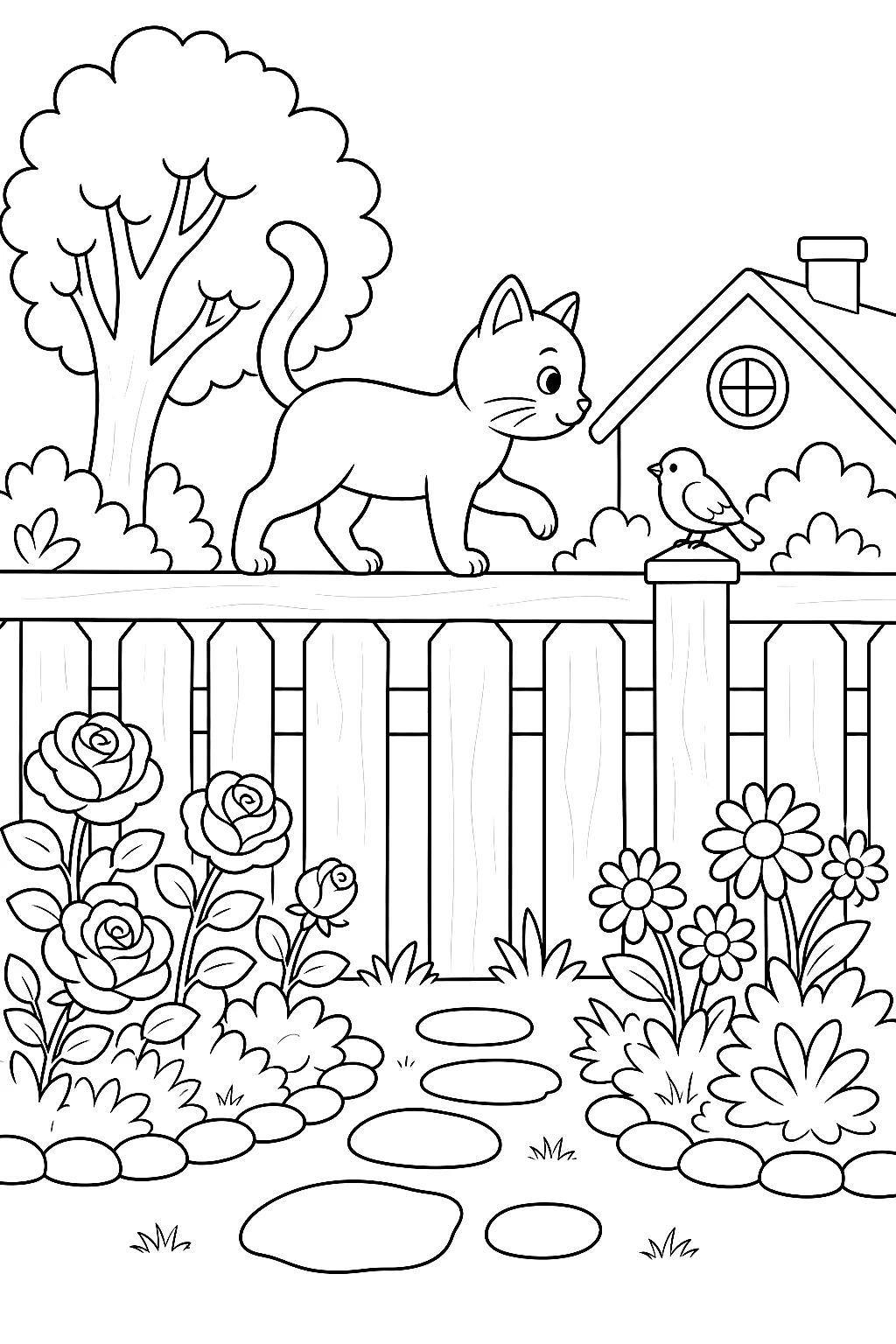 Katze auf Gartenzaun balanciert fröhlich