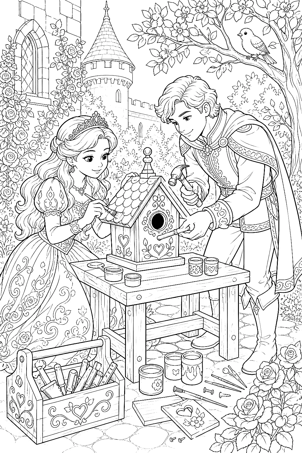 Prinzessin und Prinz verzieren das Vogelhaus mit Mustern