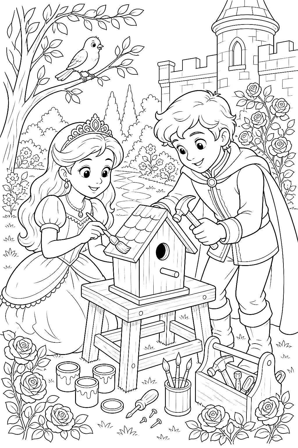 Prinzessin und Prinz bemalen Vogelhaus gemeinsam