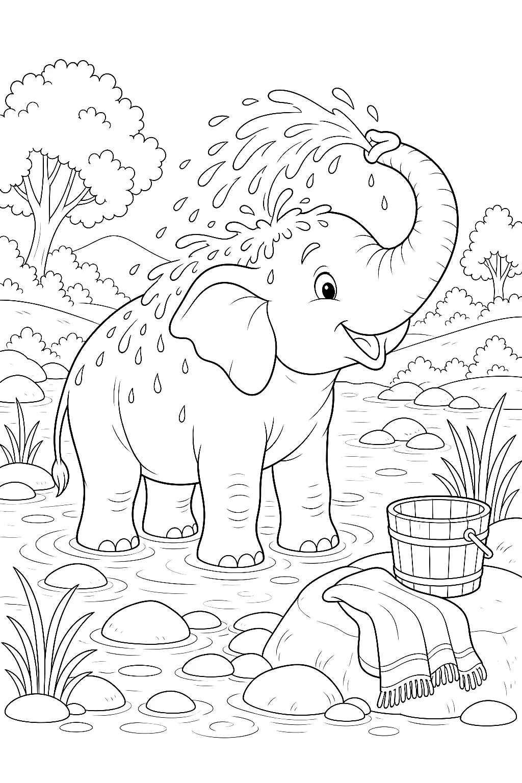 Elefant spritzt fröhlich Wasser mit Rüssel